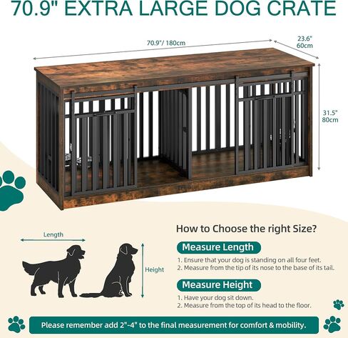 YITAHOME 71 Inch Double Dog Crate Furniture for 2 Dogs, Heavy Duty Wooden Dog Crate TV Stand with 4 Dog Bowls, Dog Kennel Indoor Furniture Sliding Barn Door Design for Extra Large Dogs, Rustic Brown in Saudi Arabia