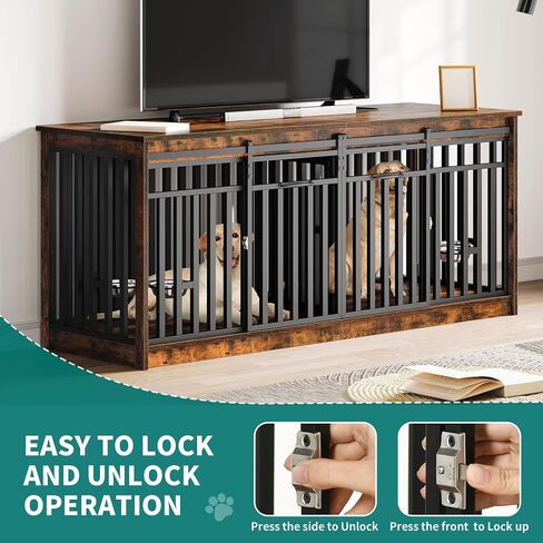 YITAHOME 71 Inch Double Dog Crate Furniture for 2 Dogs, Heavy Duty Wooden Dog Crate TV Stand with 4 Dog Bowls, Dog Kennel Indoor Furniture Sliding Barn Door Design for Extra Large Dogs, Rustic Brown in Saudi Arabia