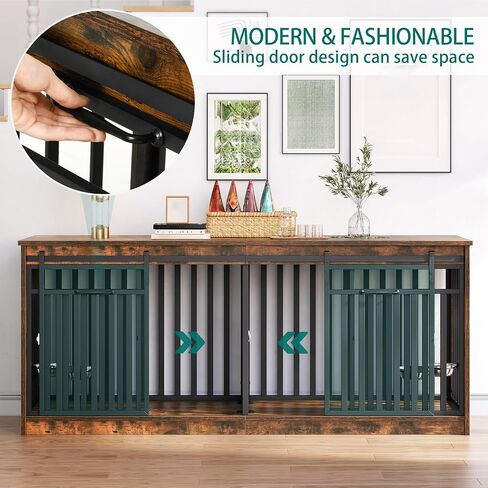YITAHOME 71 Inch Double Dog Crate Furniture for 2 Dogs, Heavy Duty Wooden Dog Crate TV Stand with 4 Dog Bowls, Dog Kennel Indoor Furniture Sliding Barn Door Design for Extra Large Dogs, Rustic Brown in Saudi Arabia