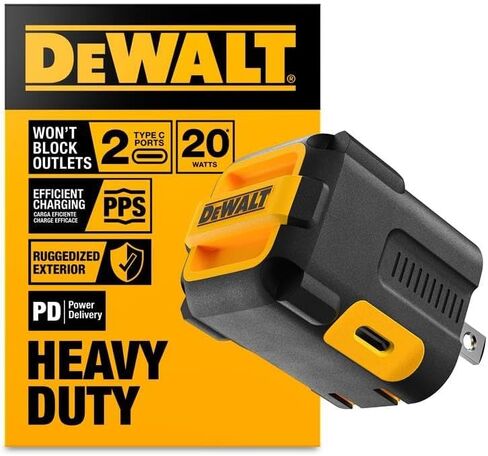 شاحن حائط USB بمنفذين من DEWALT - شاحن موقع العمل NeverBlock - محول تيار متردد مزدوج 5 فولت 2.1 أمبير - مكعب شحن سريع لأجهزة iPhone 14 وAndroid in Kuwait
