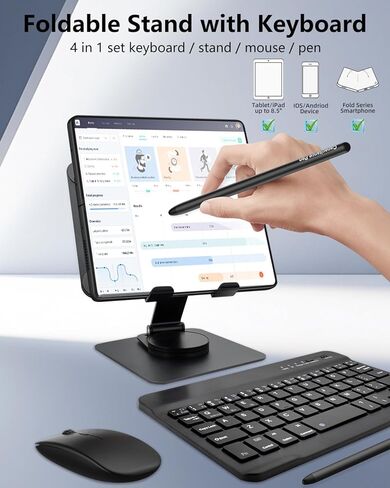 Enituo لوحة مفاتيح بلوتوث لاسلكية وحامل حامل لهاتف Samsung Galaxy Z Fold 5 4 3 & Pixel Fold، مجموعة لوحة مفاتيح محمولة للسفر للكمبيوتر اللوحي iPad Mini، حامل مكتب قابل للتعديل قابل للطي + قلم ستايلس + ماوس in Saudi Arabia