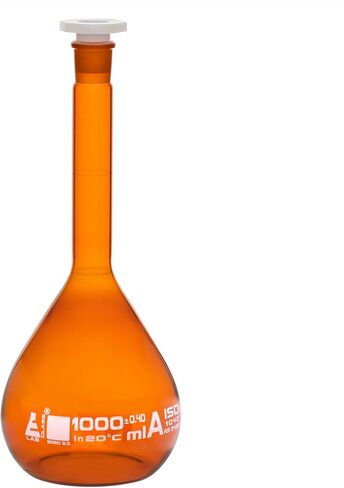 EISCO Volumetric Flask, 10ml - Class A 10/19 Polypropylene Stopper, Borosilicate Glass, Amber White Graduation Mark, Tolerance ±0.025 ml- Eisco Labs in Saudi Arabia