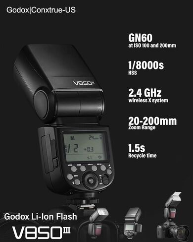Godox V850II GN60 2.4G 1/8000s فلاش كاميرا مزامنة عالية السرعة Speedlite ضوء Speedlight وبطارية ليثيوم أيون 2000 مللي أمبير تتميز بوقت إعادة تدوير 1.5 ثانية و650 قوة كاملة لكاميرا Canon Nikon Pentax Olympas in Kuwait