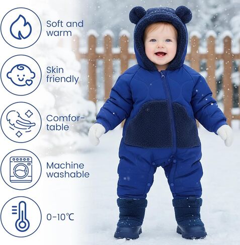 Jiamy Baby Snowsuit Newborn Winter Calk Coat Romper Hindproof Fleece Hat Zipper Bear Bear Outfit in Kuwait