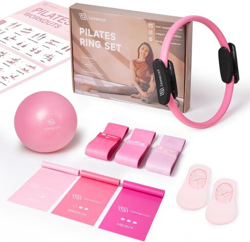 LIONSCOOL PILATES RING SET - Premium Anti-Deformation 14"Magic Circle with Dual Padded Handles - Includes Burst Resistant Pilates Mini Ball & Highly Elastic Resistance Bands - Free Workout Guide & Bag in Kuwait