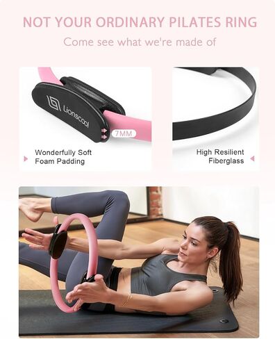 LIONSCOOL PILATES RING SET - Premium Anti-Deformation 14"Magic Circle with Dual Padded Handles - Includes Burst Resistant Pilates Mini Ball & Highly Elastic Resistance Bands - Free Workout Guide & Bag in Kuwait