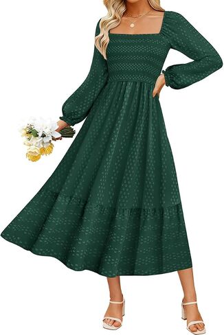 RITERA Plus Size Fall Dresses for Curvy Women Maxi Wedding Guest Long Sleeve Smocked Swiss Dot Winter Dress Pockets XL-5XL in Saudi Arabia