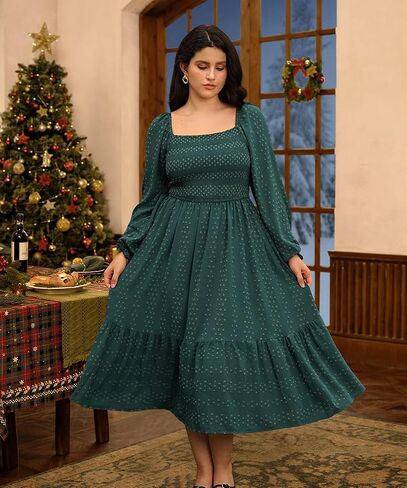 RITERA Plus Size Fall Dresses for Curvy Women Maxi Wedding Guest Long Sleeve Smocked Swiss Dot Winter Dress Pockets XL-5XL in Saudi Arabia