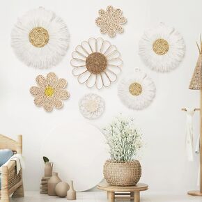 Chunful 7 Pcs Boho Wall Basket Decor Rattan Flower Wall Decor Nursery Daisy Flower Woven Macrame Hanging Flowers for Baby Kids Girls Farmhouse Bedrooms Living Rooms Kitchen Home(Light Beige Yellow) in Kuwait