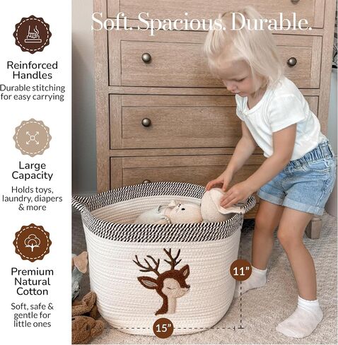 Giraffe Baby Storage Basket, Woven Cotton Rope Nursery Bin, 15x11 in | Stuffed Animal and Blanket Storage, Soft Felt Giraffe Patch, Safari Nursery Decor, Baby Shower, Kids Playroom Organizer in Saudi Arabia