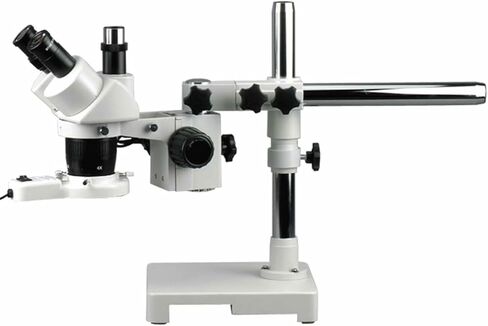 AmScope SW-3T24X Trinocular Stereo Microscope, WH10x Eyepieces, 10X/20X/40X Magnification, 2X/4X Objective, Single-Arm Boom Stand, Includes 0.5x Barlow Lens in Kuwait