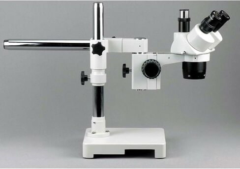 AmScope SW-3T24X Trinocular Stereo Microscope, WH10x Eyepieces, 10X/20X/40X Magnification, 2X/4X Objective, Single-Arm Boom Stand, Includes 0.5x Barlow Lens in Kuwait