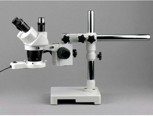 AmScope SW-3T24X Trinocular Stereo Microscope, WH10x Eyepieces, 10X/20X/40X Magnification, 2X/4X Objective, Single-Arm Boom Stand, Includes 0.5x Barlow Lens in Kuwait