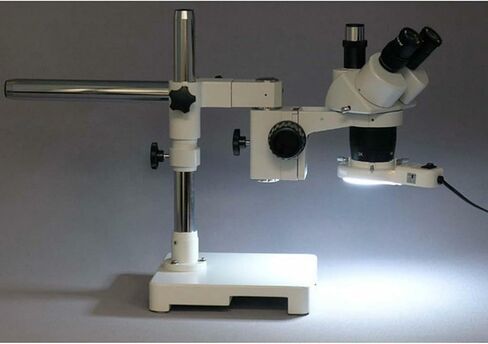 AmScope SW-3T24X Trinocular Stereo Microscope, WH10x Eyepieces, 10X/20X/40X Magnification, 2X/4X Objective, Single-Arm Boom Stand, Includes 0.5x Barlow Lens in Kuwait