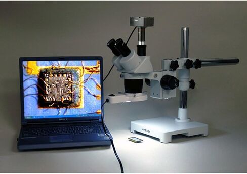 AmScope SW-3T24X Trinocular Stereo Microscope, WH10x Eyepieces, 10X/20X/40X Magnification, 2X/4X Objective, Single-Arm Boom Stand, Includes 0.5x Barlow Lens in Kuwait