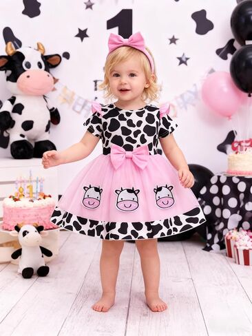ODASDO Baby Girls Strawberry Bee Cow Birthday Cake Smash Outfit Short Sleeve Dress with Bowknot Headband Set in Saudi Arabia