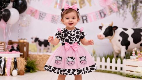 ODASDO Baby Girls Strawberry Bee Cow Birthday Cake Smash Outfit Short Sleeve Dress with Bowknot Headband Set in Saudi Arabia