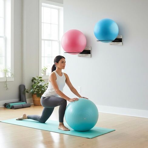 حامل كرة تثبيت للتمارين الرياضية مثبت على الحائط من MyGift، حامل عرض من الخشب الصلب المحروق الريفي وسلك معدني أسود لكرات اليوجا في صالة الألعاب الرياضية المنزلية أو الاستوديو، مجموعة من 2 in Kuwait