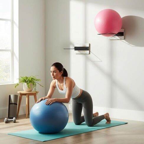 حامل كرة تثبيت للتمارين الرياضية مثبت على الحائط من MyGift، حامل عرض من الخشب الصلب المحروق الريفي وسلك معدني أسود لكرات اليوجا في صالة الألعاب الرياضية المنزلية أو الاستوديو، مجموعة من 2 in Kuwait