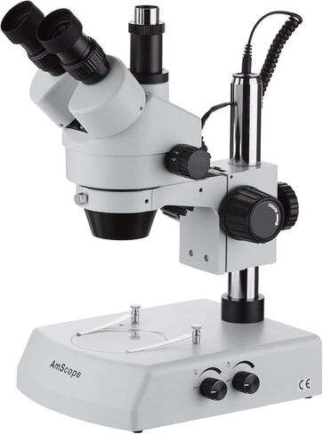 AmScope SM-2TZ Professional Trinocular Stereo Zoom Microscope, WH10x Eyepieces, 3.5X-90X Magnification, 0.7X-4.5X Zoom Objective, Upper and Lower Halogen Lighting, Pillar Stand, 110V-120V, Includes 0.5X and 2.0X Barlow Lenses in Saudi Arabia