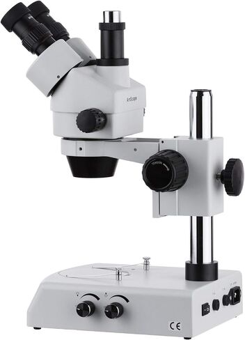 AmScope SM-2TZ Professional Trinocular Stereo Zoom Microscope, WH10x Eyepieces, 3.5X-90X Magnification, 0.7X-4.5X Zoom Objective, Upper and Lower Halogen Lighting, Pillar Stand, 110V-120V, Includes 0.5X and 2.0X Barlow Lenses in Saudi Arabia