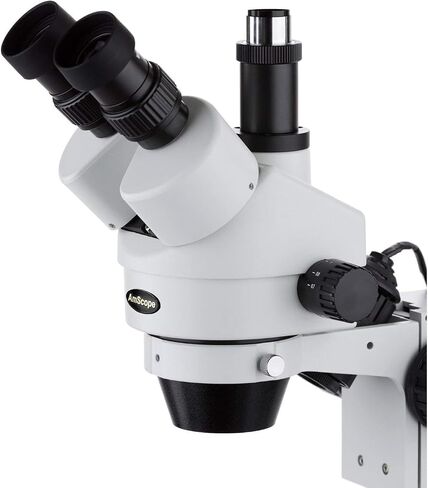 AmScope SM-2TZ Professional Trinocular Stereo Zoom Microscope, WH10x Eyepieces, 3.5X-90X Magnification, 0.7X-4.5X Zoom Objective, Upper and Lower Halogen Lighting, Pillar Stand, 110V-120V, Includes 0.5X and 2.0X Barlow Lenses in Saudi Arabia