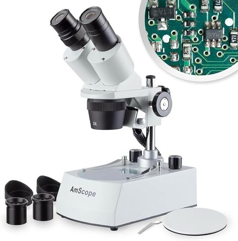 AmScope SE306R-PY-LED Forward-Mounted Binocular Stereo Microscope, WF10x and WF15x Eyepieces, 20X/30X/40X/60X Magnification, 2X and 4X Objectives, Upper and Lower LED Lighting, Reversible Black/White Stage Plate, Pillar Stand, 120V in Saudi Arabia