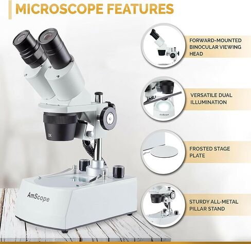 AmScope SE306R-PY-LED Forward-Mounted Binocular Stereo Microscope, WF10x and WF15x Eyepieces, 20X/30X/40X/60X Magnification, 2X and 4X Objectives, Upper and Lower LED Lighting, Reversible Black/White Stage Plate, Pillar Stand, 120V in Saudi Arabia