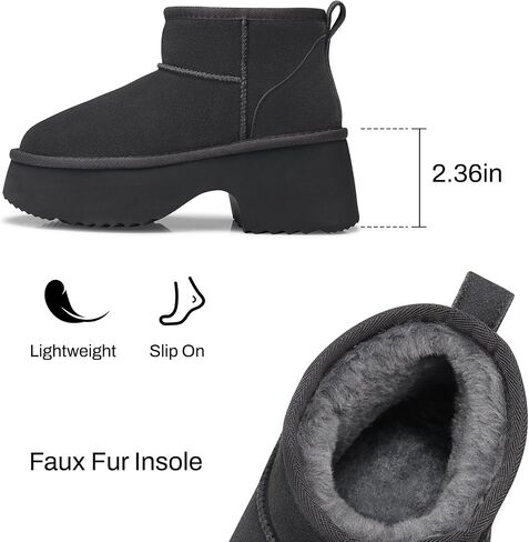 Womens Snow Mini Boots: Genuine Suede Leather Winter Ankle Boots | Comfortble Warm Fur Lined, Slip On Non Slip, Heights Platform Fashion Booties for Women Casual Daily Wear Walking, Size 6-11 in Saudi Arabia