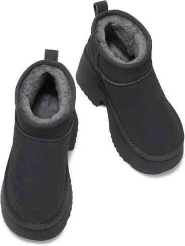 Womens Snow Mini Boots: Genuine Suede Leather Winter Ankle Boots | Comfortble Warm Fur Lined, Slip On Non Slip, Heights Platform Fashion Booties for Women Casual Daily Wear Walking, Size 6-11 in Saudi Arabia