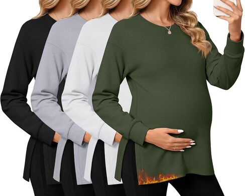 Ficerd 4 Pack Women's Casual Maternity T-Shirts, Long Sleeve Crew Neck Split Side Tee Tops Shirts Loose Fit Pregnancy Clothes in Saudi Arabia