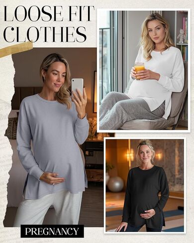 Ficerd 4 Pack Women's Casual Maternity T-Shirts, Long Sleeve Crew Neck Split Side Tee Tops Shirts Loose Fit Pregnancy Clothes in Saudi Arabia