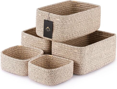 5-Pack Small Woven Rope Storage Baskets, 2 Sizes Organizer Bins | Fabric Cube Boxes and Rectangular Shallow Bins for Closet, Shelf, Bookshelf, Nursery, Changing Table, Bathroom, Toys & Home in Saudi Arabia