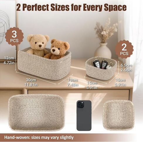 5-Pack Small Woven Rope Storage Baskets, 2 Sizes Organizer Bins | Fabric Cube Boxes and Rectangular Shallow Bins for Closet, Shelf, Bookshelf, Nursery, Changing Table, Bathroom, Toys & Home in Saudi Arabia