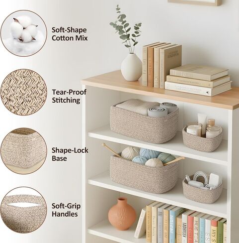 5-Pack Small Woven Rope Storage Baskets, 2 Sizes Organizer Bins | Fabric Cube Boxes and Rectangular Shallow Bins for Closet, Shelf, Bookshelf, Nursery, Changing Table, Bathroom, Toys & Home in Saudi Arabia