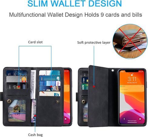 حافظة UEEBAI لهاتف iPhone 11 مقاس 6.1 بوصة، 9 فتحات للبطاقات، محفظة جلدية قديمة، غطاء قلاب مضاد للصدمات مع فتحات بطاقة حزام اليد وجيب بسحاب وحقيبة يد وإغلاق مغناطيسي - أرجواني عتيق in Kuwait