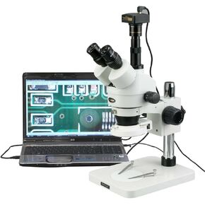 AmScope SM-1TSZZ-144S-10M مجهر تكبير ستيريو ثلاثي العينيات رقمي احترافي، عدسات WH10x وWH20x، تكبير 3.5X-180X، هدف تكبير 0.7X-4.5X، ضوء حلقة LED 144 لمبة، حامل عمود، 110 فولت - 240 فولت، يتضمن 0.5 عدسات بارلو X و2.0X ودقة 10 ميجابكسل in Kuwait
