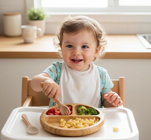 أطباق الطفل الخيزران مع شفط ، لوحات صغيرة للتغذية الذاتية ، مجموعة صفيحة للأطفال صديقة للبيئة ، لوحة مقسمة للطفل والطفلة ، BPA خالية ، سهلة نظيفة (بيج) in Kuwait