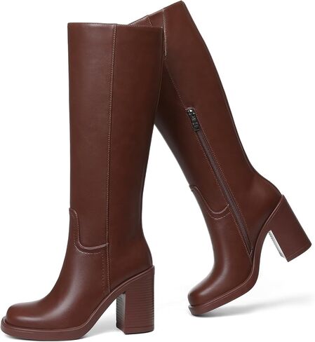 Cynllio Knee High Boots Women Platform Gogo Boot High Wide Calf Botas W/ 3.54 "chunky yeel square side side shipper in Kuwait