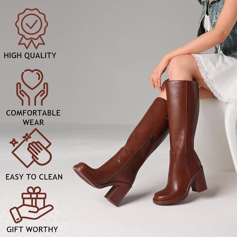 Cynllio Knee High Boots Women Platform Gogo Boot High Wide Calf Botas W/ 3.54 "chunky yeel square side side shipper in Kuwait