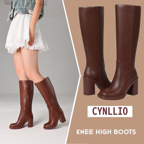 Cynllio Knee High Boots Women Platform Gogo Boot High Wide Calf Botas W/ 3.54 "chunky yeel square side side shipper in Kuwait