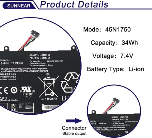 SUNNEAR 00UR891 SB10L84122 01AV493 استبدال البطارية لجهاز Lenovo ThinkPad T570 T580 P51S P52S Series 00UR892 SB10L84123 00UR890 SB10L84121 15.28V 32Wh 2095mAh 4-Cell in Saudi Arabia