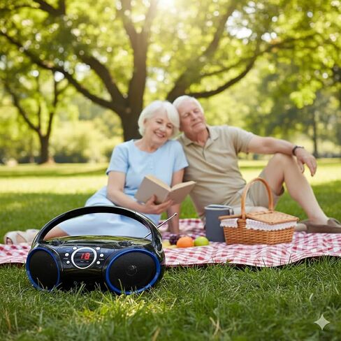 SBX030C Portable CD Player Boombox with AM/FM Stereo Radio, Aux Line-in, Headphone Jack, Top-Loading Disc Player, AC or Battery Powered, Foldable Handle (Black with Grey Rims) in Saudi Arabia