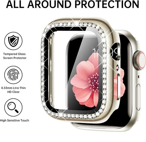 Mesime متوافق مع سوار ساعة Apple مقاس 38 مم 40 مم 41 مم 42 مم 44 مم 45 مم، أساور معدنية للنساء والفتيات من الألماس مع حافظة واقية للشاشة من الزجاج المقسى الكريستالي، سوار معصم دائري لامع لسلسلة iWatch 9/8/7/6/5/4/3/ 2/1/س in Kuwait