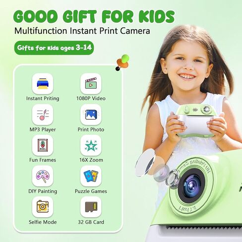 Kids Camera Instant Print with 1080P HD Dual Lens, All-in-One Video Game Digital Cameras with 32GB & 5 Rolls Multi-Colored Paper, Instant Photo Printer for Girls Boys Birthdays Gifts Trips, Ages 3-14 in Saudi Arabia