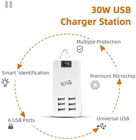 Multi USB Charger, 6 Port USB Charging Station for Multiple Devices, Phone, Tablet, Power Strip with ON/Off Switch (White) in Kuwait
