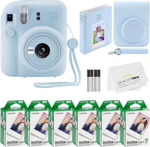 كاميرا Fujifilm Instax Mini 12 الفورية + 60 صورة مطبوعة + حزمة قيمة للصور عالية الجودة، حافظة، ملصقات تزيين، إطارات، ألبوم صور، (أخضر نعناعي) in Kuwait
