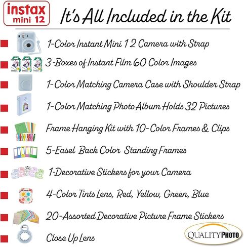 كاميرا Fujifilm Instax Mini 12 الفورية + 60 صورة مطبوعة + حزمة قيمة للصور عالية الجودة، حافظة، ملصقات تزيين، إطارات، ألبوم صور، (أخضر نعناعي) in Kuwait