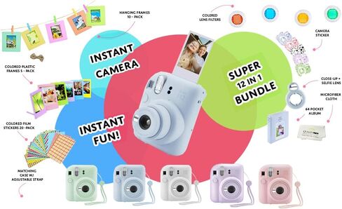 كاميرا Fujifilm Instax Mini 12 الفورية + 60 صورة مطبوعة + حزمة قيمة للصور عالية الجودة، حافظة، ملصقات تزيين، إطارات، ألبوم صور، (أخضر نعناعي) in Kuwait