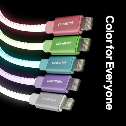 شاحن معتمد من LIQUIPEL Powertek Glow MFi متوافق مع أجهزة Apple iPhone وiPad وكابل 5 أقدام وسلك كابل Lightning إلى USB وكابل Lightning للشحن السريع (أزرق) in Kuwait